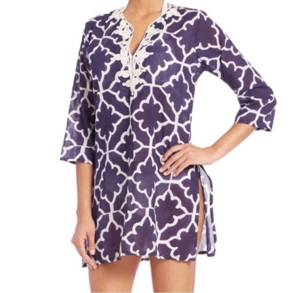 Roberta Roller Rabbit Tops - Roberta Roller Rabbit XS Navy White Tunic Embroidered Boho Resort Cover Up